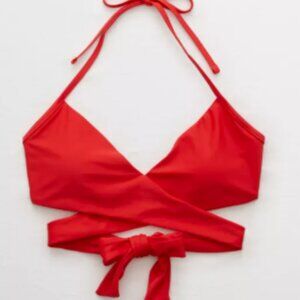 AERIE Size Medium Red Wrap Halter Bikini Top Sexy Fiery Adjustable